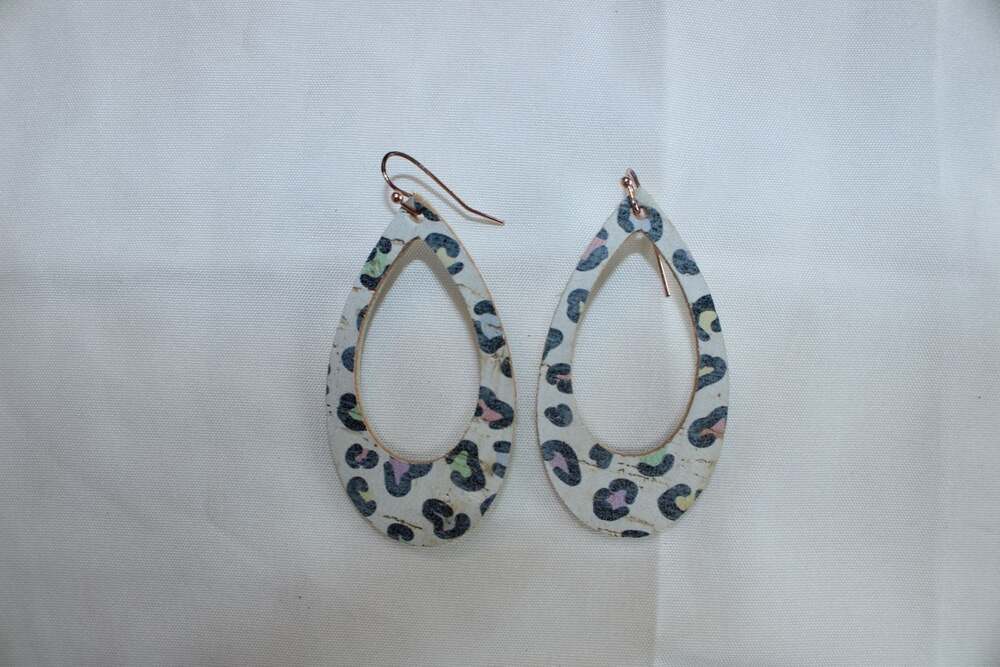 Grey Leopard Print Cork and Leather Teardrop Dangle Earrings
